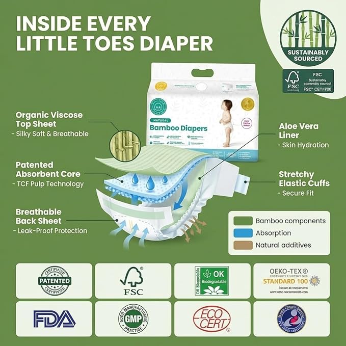 Little Toes Natural Bamboo Disposable Baby Diapers - Hypoallergenic, Sensitive Skin Safe, Patented Viscose, Day & Overnight 100% Absorbency and Leak Protection, Eco Friendly (Size 5 X-Large 36 Count)