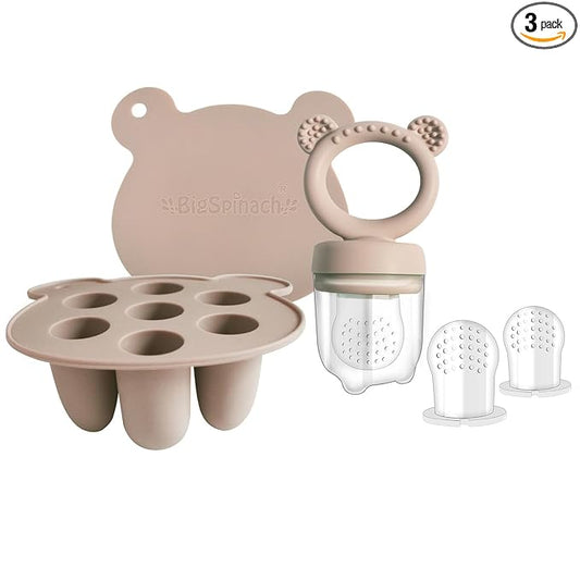 BigSpinach Silicone Baby Food Freezer Tray with Teething Popsicle Molds - Baby Fruit Feeder and Breastmilk Teether Combo