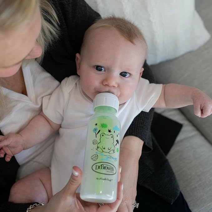Dr. Brown's Natural Flow Anti-Colic Options+ Narrow Baby Bottle, 8 oz/250 mL, with Level 1 Slow Flow Nipple, BPA Free, 0m+, Squirrel, Goat, Pig, Frog, 4-Pack
