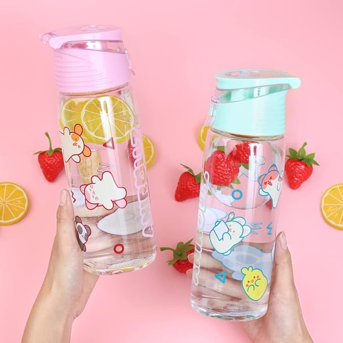 Anirollz Cute Animal Character Clear Plastic 24oz. Water Bottle Tumbler w/Convenient Carrying Handle (Mint)