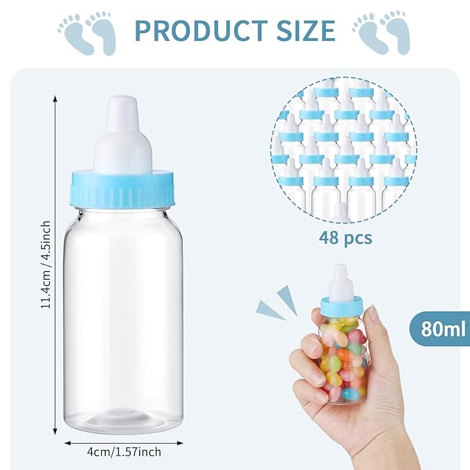 48 Pcs 4.5 Inch Baby Bottle Shower Favor Mini Plastic Candy Bottle Baby Shower Fillable Feeding Candy Box for Party Boy Girl Birthday Newborn Baptism with Removable Blue Tops