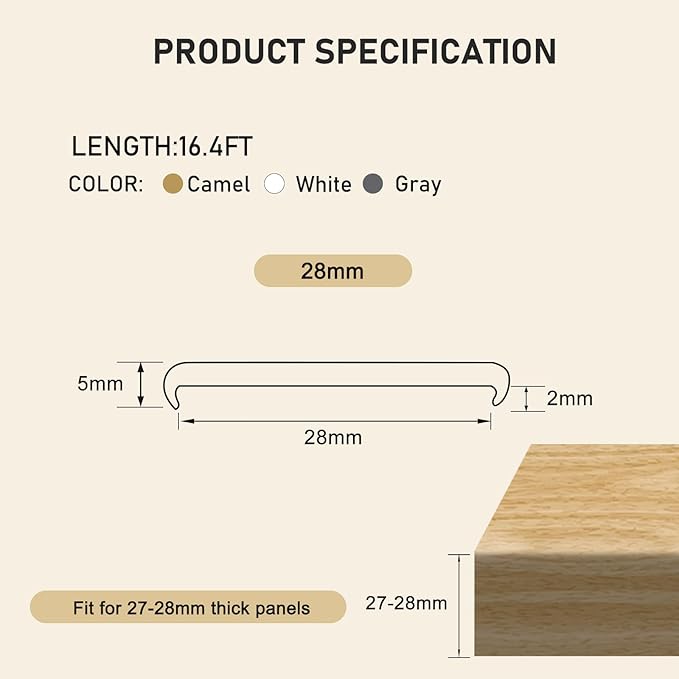 16.4ft U-Shape Edge Banding, HeiPen Self Adhesive Rubber Edge Trim, TPE Flexible Furniture Edge Protector for Wood Veneer Cabinet Repair Furniture Restoration (28mm, Camel, 1)
