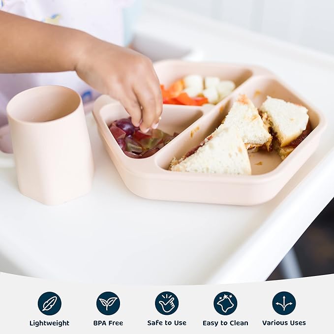 Tiny Twinkle Silicone Suction Baby Plate, Suction Grip Divided Dish for First Foods and Self-Feeding Toddlers, Baby Led Weaning Supplies for Independent Eating (Sand Plate with Lid)
