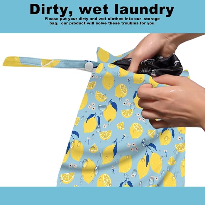 ZHAMEN 2Pcs Wet Bag, Wet Dry Bag Reusable with Zipper, Travel, Beach, Pool, Diapers, Baby Clothes, Dirty Yoga Gym Clothes, Makeup Bag, Waterproof Wetdry Packing, Summer Lemon Decor (12x10 Inch)