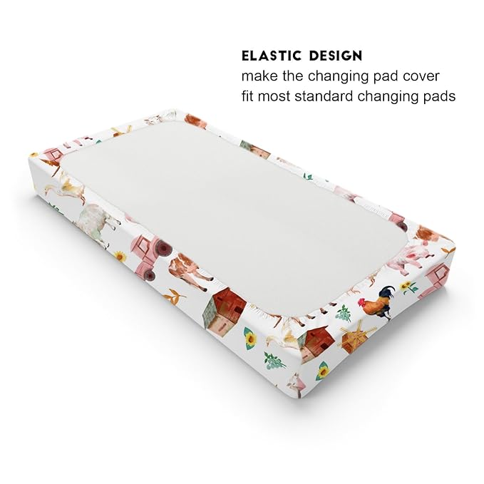 Watercolor Farm Animals Changing Pad Cover Barn Cow Lamb Chicken Pig Hen Duck Tractor Diaper Change Table Cover Sheets for Boys Girls Soft Stretchy Fitted Changing Mat Sheets