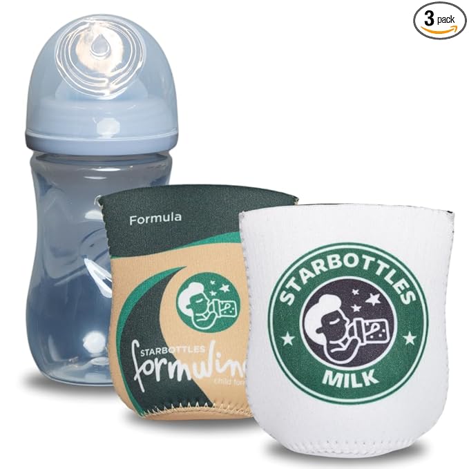 Coffee Themed Coozies for Baby Bottles - Funny Gift for New Parents & Baby Showers - (2 Premium Designed Neoprene Coozies + BPA/Lead/Phthalate Free Bottle Included) (Design 2)