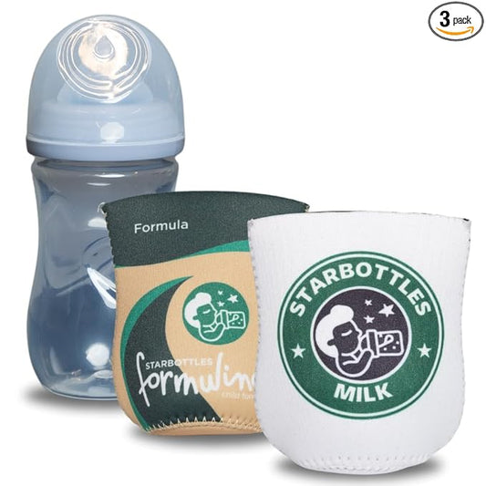 Coffee Themed Coozies for Baby Bottles - Funny Gift for New Parents & Baby Showers - (2 Premium Designed Neoprene Coozies + BPA/Lead/Phthalate Free Bottle Included) (Design 2)