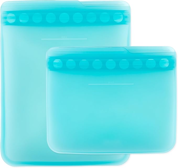 Bumkins - Silicone Snack & Sandwich Bags - For Storage, Food Prep, Lunch Bag - Reusable, Leak Resistant, Washable, Microwave, Freezer & Dishwasher Safe - 2 pack - Blue