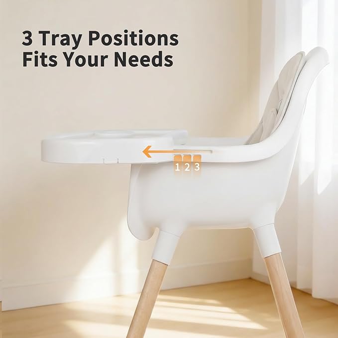 Baby High Chair, Wooden Highchair with Removable Tray, Adjustable Legs, Cushion, 5-Point Harness and Footrest for Infants, Baby, Toddlers, Gray