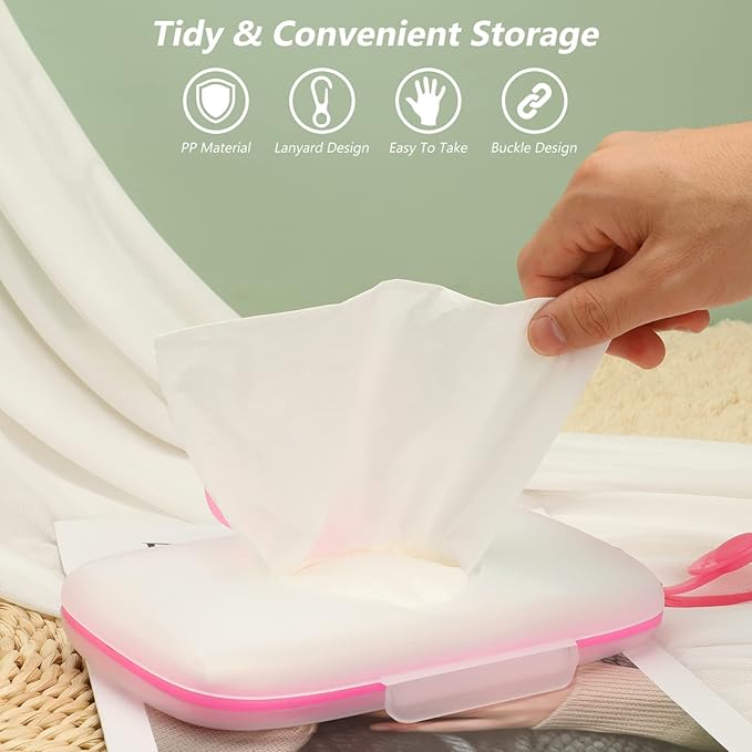 Portable Wipe Box Compact Wet Wipes Dispenser for Travel Refillable Container with Silicone Seal for Diaper Bag Pink