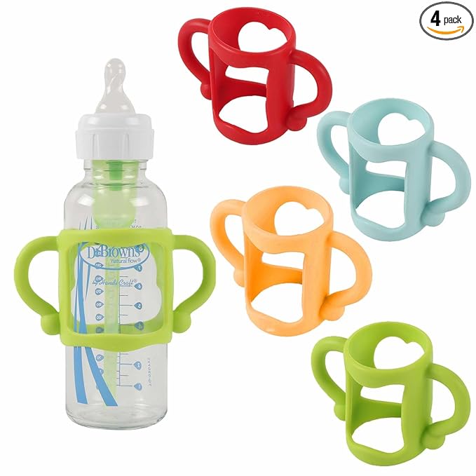 TonGass (4-Pack) Bottle Handles for Dr Brown Narrow Baby Bottles with Easy Grip Handles to Hold Their Own Bottle - BPA-Free Soft Silicone - Red Orange Blue and Green