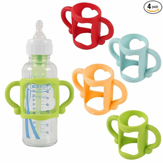 TonGass (4-Pack) Bottle Handles for Dr Brown Narrow Baby Bottles with Easy Grip Handles to Hold Their Own Bottle - BPA-Free Soft Silicone - Red Orange Blue and Green