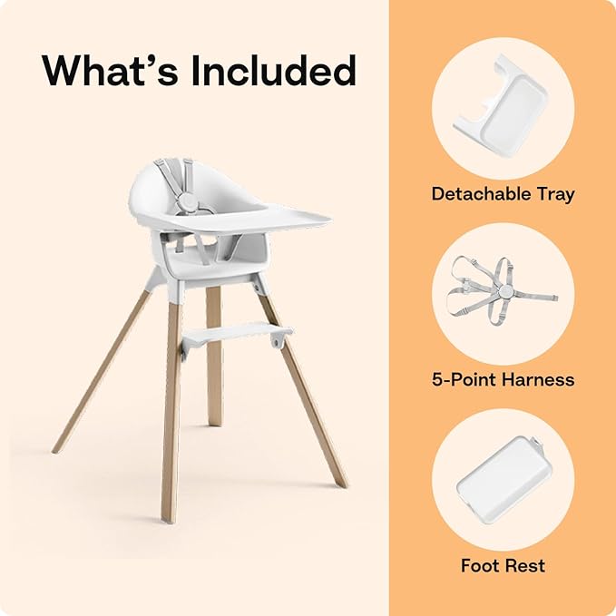 Stokke Clikk High Chair, White - All-in-One High Chair with Tray + Harness - Light, Durable & Travel Friendly - Ergonomic with Adjustable Features - Best for 6-36 Months or Up to 33 lbs