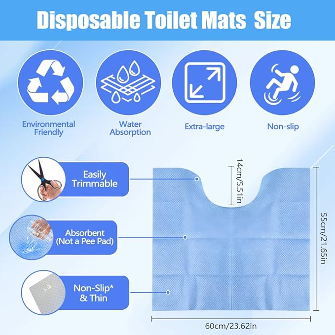 Upgraded 30 Pack Disposable Toilet Mats, Absorbent Toilet Floor Protector, Waterproof Non-Slip Potty Training Mats, U-Shape, Toilet Floor Pads for elderly, Children, Adult 24" x 22"( Heavyweight)