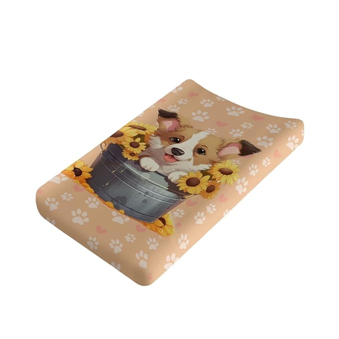 Stretchy Diaper Changing Table Cover, Snug and Soft Change Table Pad Covers Fit 16 * 32 Inches, Sunflower Puppy