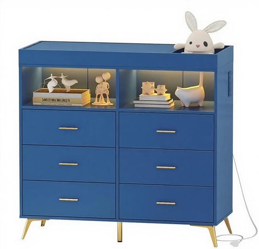 Jojoka Nursery Changing Table Dresser with LED Lighting and Charging Function, 6 Drawer Storage Dresser with 2 Open Compartments, Convertible Baby Diaper Station for Nursery and Bedroom Use