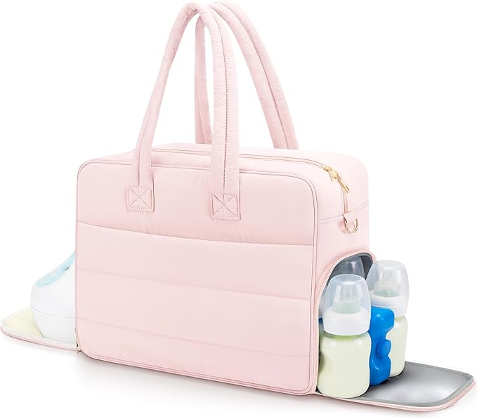 Breast Pump Bag with Insulated Breast Milk Cooler Pocket, Fits Spectra S1/S2 & Most Pumps, Water‑Resistant Work & Travel Tote with 15.6" Laptop Sleeve, Stroller Straps, Luggage Sleeve & Ice Pack, Pink