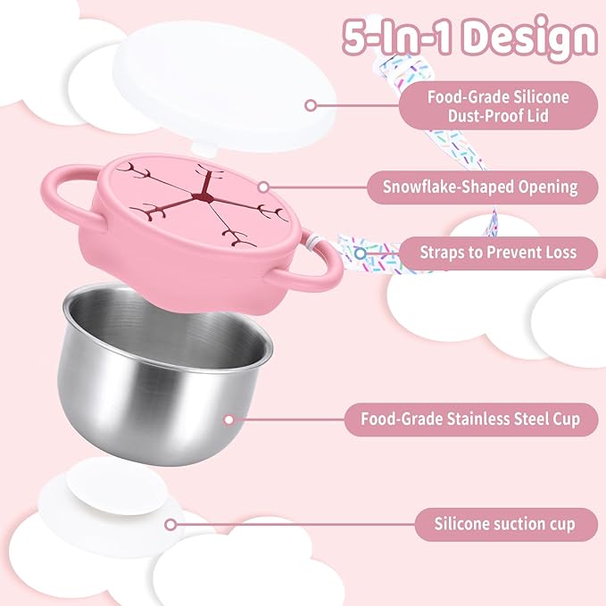 Qtencas 2 Pack Stainless Steel Snack Containers for Toddlers with Spill-Proof Silicone Lids and Handles, Food Grade Snack Cups for Toddlers Kid（Pink and Green）