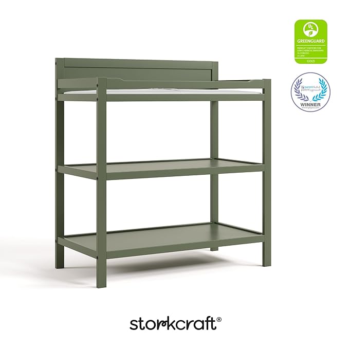 Storkcraft Alpine Changing Table (Olive) - Includes Water Resistant Changing Pad with Safety Strap, 2 Open Shelves for Storage