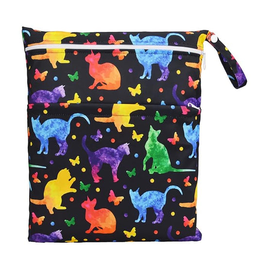 Wet Dry Bag Baby Cloth Diaper Nappy Reusable Washable With Two Zippered Pockets (Cats Butterflies)