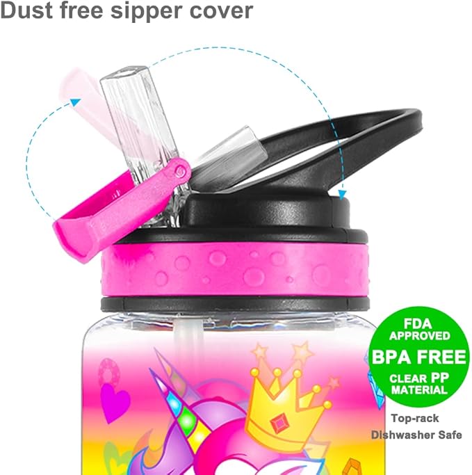 15oz Water Bottle for Kids Girls Boys School, BPA Free, Leak Proof Flip Straw, Carry Loop, Easy Clean - Unicorn
