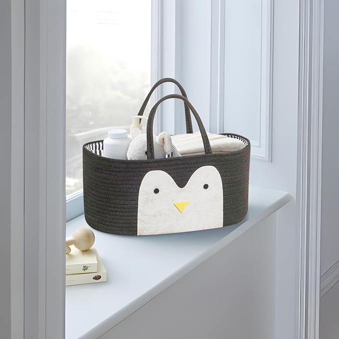 T&T Homewares Diaper Caddy Organizer, Cotton Rope Diaper Caddy Basket, Baby Shower Basket, Nursery Storage Bins, Newborn Caddie- Cat, Fox, Penguin (Black Penguin)