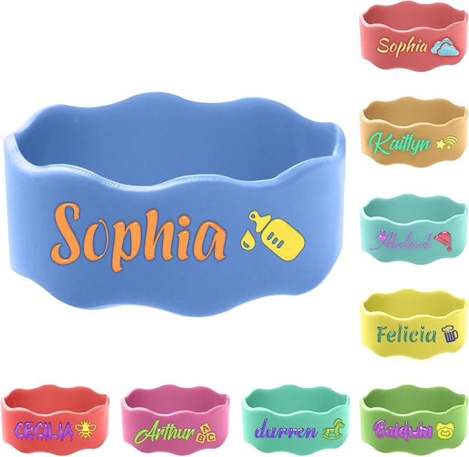 3 Pcs Personalized Water Bottle Labels Washable Daycare Essentials Cute Sippy Cup Strap Non-Slip Silicone Daycare Labels Waterproof Bottle Name Bands
