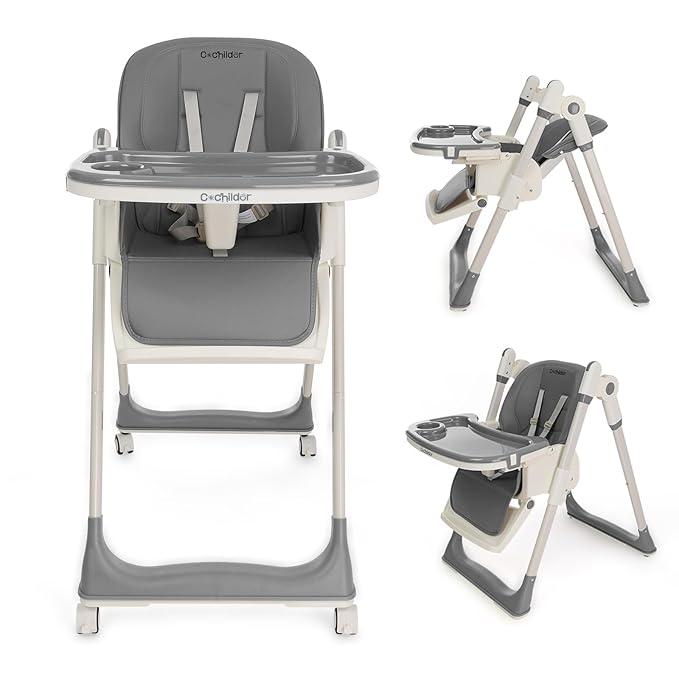 Cochildor 3-in-1 Foldable High Chair for Babies & Toddlers – Adjustable Height, Reclining Seat, 5-Point Safety Harness, Removable Tray, Lockable Wheels, Washable Cushion – Portable & Easy Clean, Gray