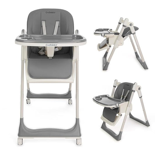 Cochildor 3-in-1 Foldable High Chair for Babies & Toddlers – Adjustable Height, Reclining Seat, 5-Point Safety Harness, Removable Tray, Lockable Wheels, Washable Cushion – Portable & Easy Clean, Gray