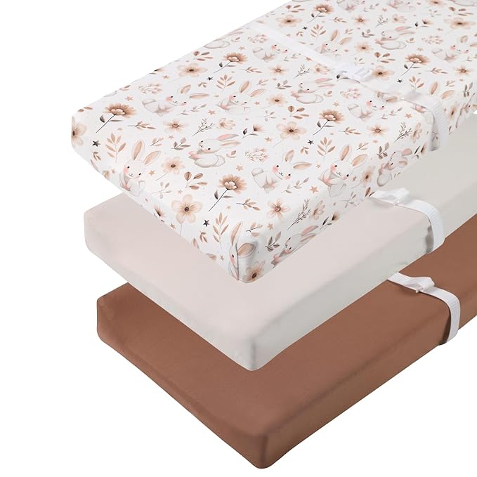 Changing Pad Cover Set 3 Pack Jersey Knit Ultra Soft for Baby Boys Girls Cream/Brown/Rabbit