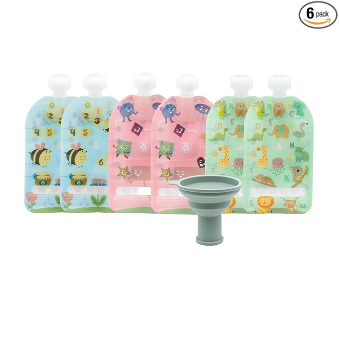 WeeSprout Double Zipper Reusable Food Pouches, Perfect for Babies & Toddlers, Freezer & Dishwasher Safe (Educational, 5 Fl Oz (Pack of 6) + Pouch Filler)