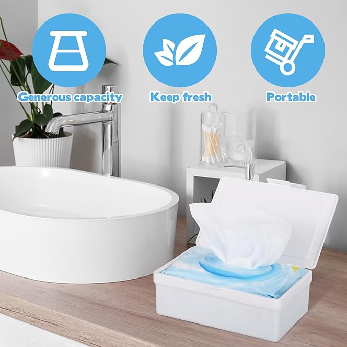 FMOACEN 2 Pack Wipes Dispenser Compatible with Cottonelle Flushable, Refillable Wipe Holder with Sealing Lid, Keeps Wipes Clean and Fresh, Non-Slip Wipe Container White Storage Box for Home Car Office