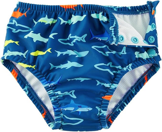Baby Swim Diapers Reusable Washable Infant Diaper Swimsuit with Side Snap UPF 50+ Sun Protection for Pool Beach(0-6 Months,Red Sharks)