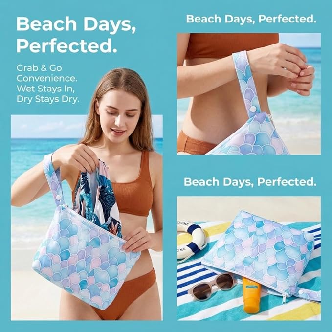 Waterproof Wet Bag with Wrist Strap, Reusable Zippered Pouch for Beach, Swim & Travel, Compact Cosmetic Toiletry Organizer Bag, 7.9 * 9.5 * 2 inches