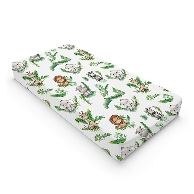 Baby Safari Animals Tropical Palm Leaves Changing Pad Covers Lion Elephant Giraffe Zebra Hippo Diaper Change Table Pad Covers for Girl Boy Soft Breathable Stretch Changing Mat Sheets 32''x16''