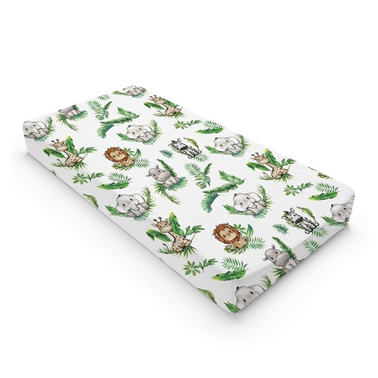Baby Safari Animals Tropical Palm Leaves Changing Pad Covers Lion Elephant Giraffe Zebra Hippo Diaper Change Table Pad Covers for Girl Boy Soft Breathable Stretch Changing Mat Sheets 32''x16''