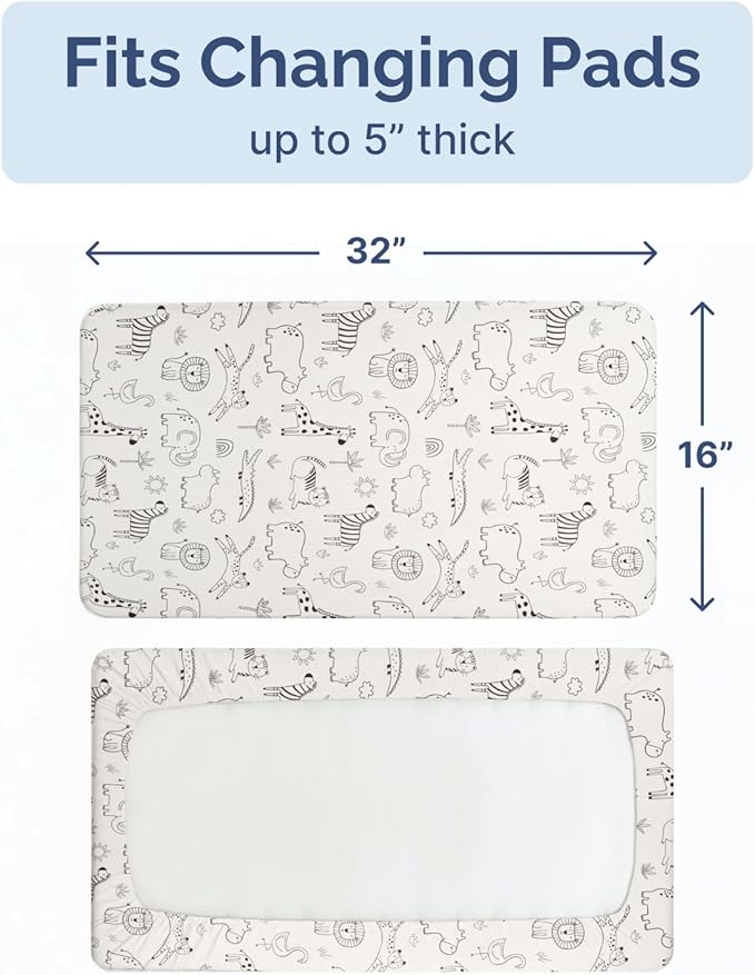 Changing Pad Cover - Pack of 2 Soft Unisex Diaper Change Microfiber Table Sheets - Fits 32"x16" Contoured Pad - Changing Pad Cover for Baby Boys & Girls - Snug, Machine Washable - Oeko-Tex, Zoo Sketch