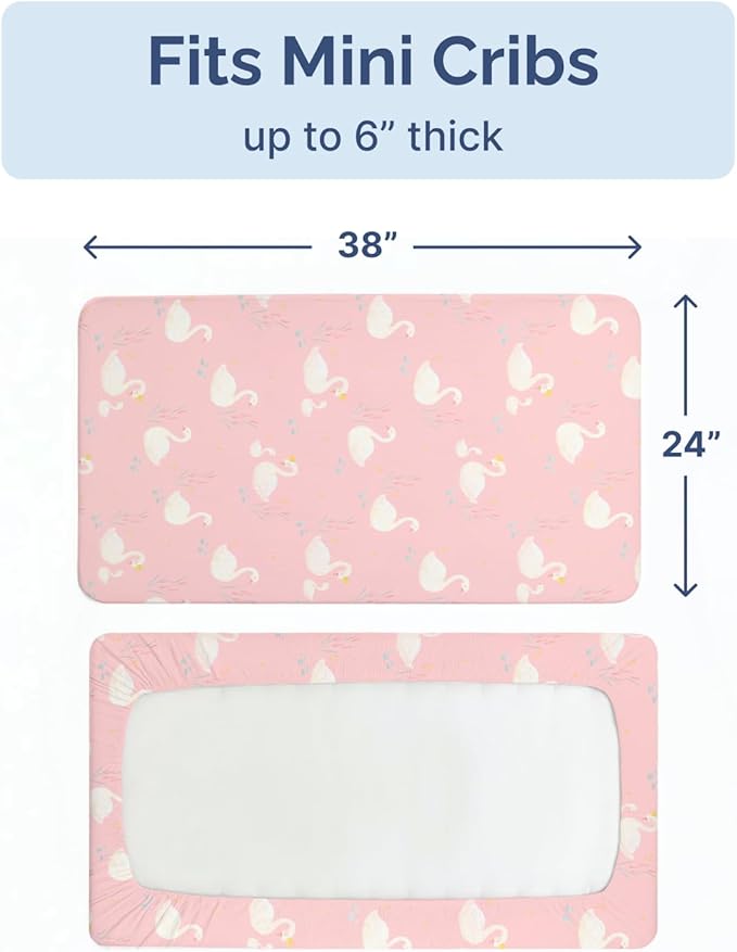2-Pack Mini Crib Sheets Fitted - Pack N Play Sheets for Pack and Play Mattress - Stretchy Soft Microfiber Playard Bedding - Mini Toddler Bed Cover Boys & Girls - Easy-Fit, Oeko-Tex - 38 x 24in - Swans