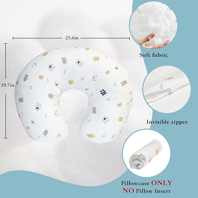Nursing Pillow Cover(Only Pillowcase) Soft Cotton Removable Cover for Breastfeeding Pillows, Ultra Comfortable Breathable Slipcover for Newborn Baby Girl and Boy (Blue Bear)