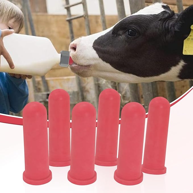6PCS Calf Feeder Pacifier Teats Soft Rubber Feeding Teats for Cattle Horse Donkey Nursing Bottle Nipples Farm Animal Feeding Supplies (RED)
