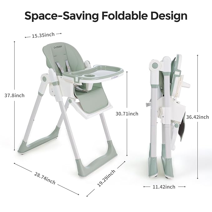 Cochildor 3-in-1 Foldable High Chair for Babies & Toddlers – Adjustable Height, Reclining Seat, 5-Point Safety Harness, Removable Tray, Lockable Wheels, Washable Cushion – Portable & Easy Clean, Green