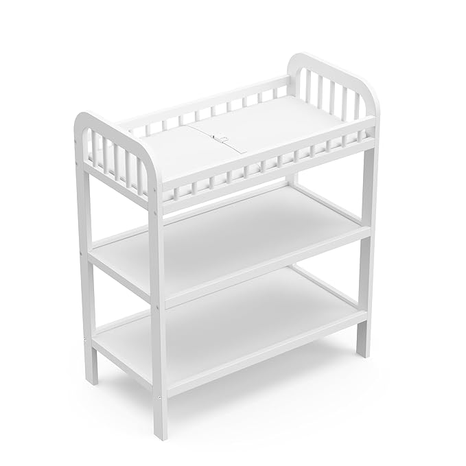 Storkcraft Pasadena Changing Table with Water-Resistant Changing Pad (White) - GREENGUARD Gold Certified, Includes Bonus Water-Resistant Changing Pad with Safety Strap, 2 Open Shelves