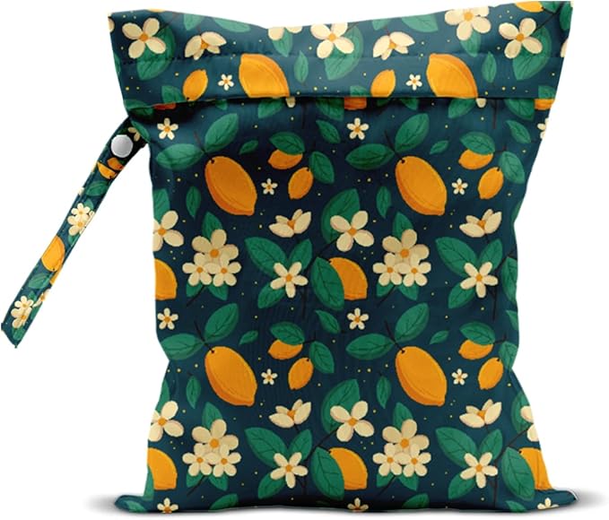 Wet Bag, Wet Dry Bag, Waterproof Swim Bags, Machine Washable Reusable Bags for Beach, Pool, Diapers, and Dirty Yoga Gym Clothes(Green, Summer Fruit Lemon Pattern
