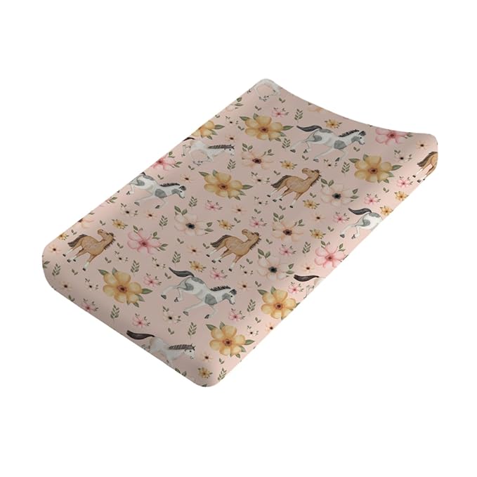 Changing Pad Covers Watercolor Horse Floral Baby Diaper Changing Pad Cover for Boys Girls Soft Breathable Stretch Fitted Diaper Change Table Pad Covers 32''x16'' Pink