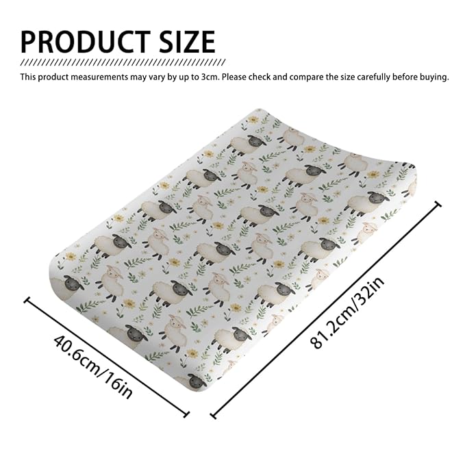 Cute Farm Animals Sheep Flowers Floral Leaves Baby Changing Pad Cover, Unisex Farm Nursery Diaper Changing Table Pad Mat Sheet for Boys Girls-16x32