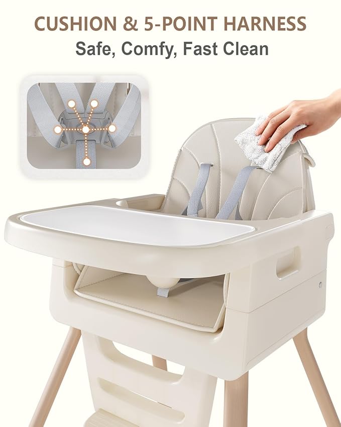 Baby High Chair for 6 Months+, Foldable High Chairs for Babies and Toddlers, Convertible High Chair, Adjustable Tray & Footrest, Portable High Chair & Easy to Clean(White with Wood Grain)