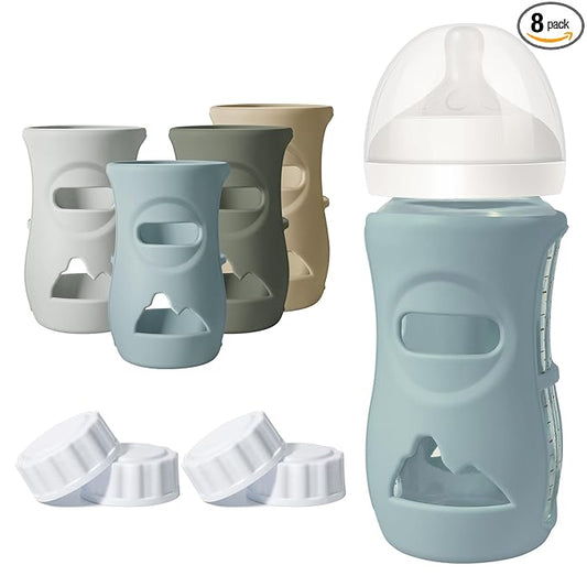 4 Pack Silicone Sleeves for Philips Avent Natural Glass Baby Bottles, Food Grade Silicone Cover and 4pcs Travel Caps, Lids Replacement (Dark Blue+Dark Green+Grey+Beige, 8oz)
