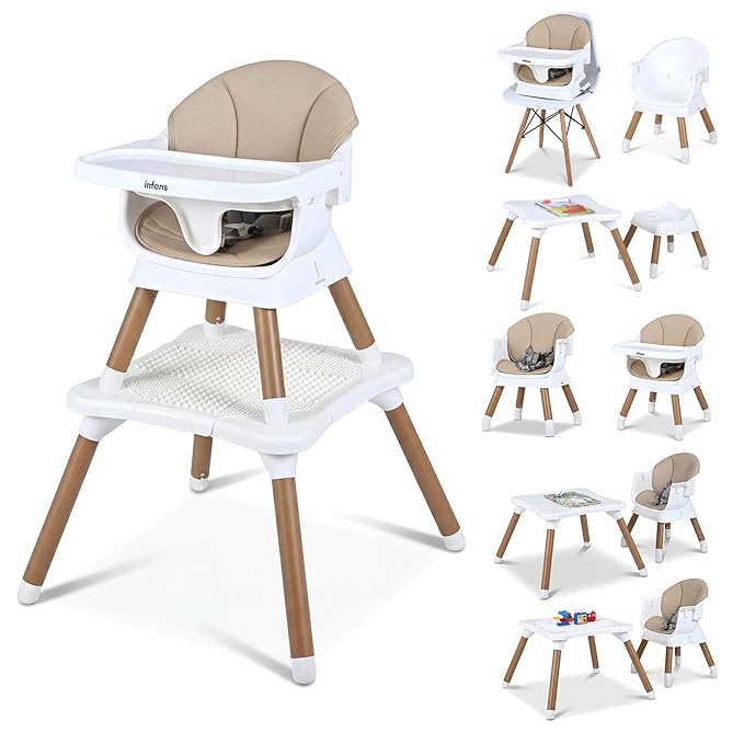 INFANS Baby High Chair, 9 in 1 Convertible Highchair for Babies and Toddlers, Building Block Table Dining Booster Seat Activity Desk Kids Stool with Adjustable Removable Tray (Beige)