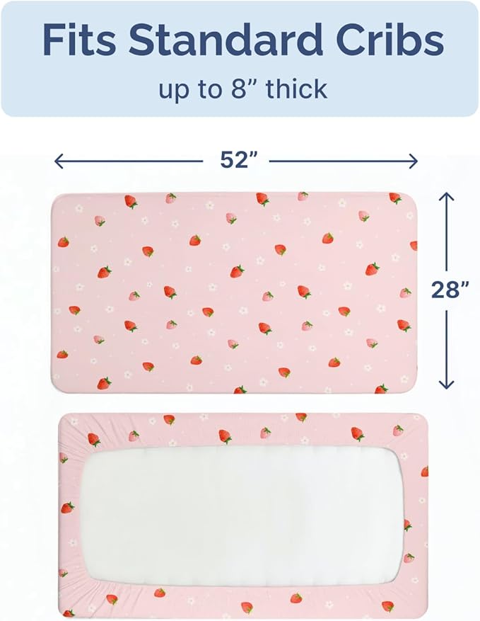 Baby Crib Sheets for Boys & Girls - Pack of 2 Fitted Microfiber Crib Sheets for Standard Crib & Toddler Mattress - Breathable & Wrinkle Free - Machine Washable - Oeko Tex - 52x28x8in - Strawberries