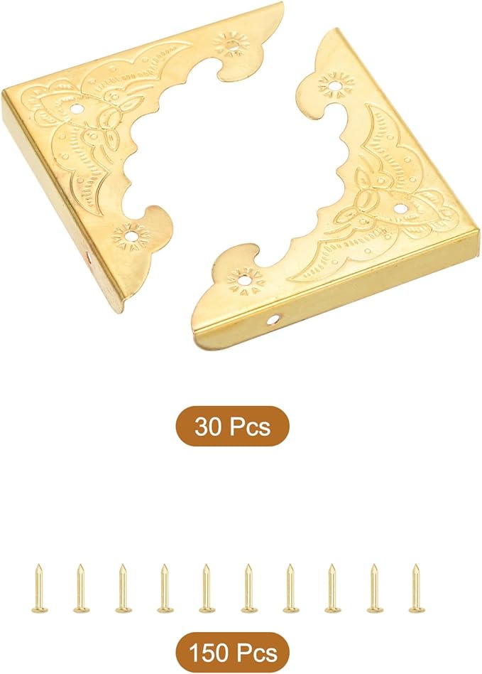 uxcell 30pcs Vintage Corner Protector 1.6"x1.5"x0.2" Decorative Metal Edge Corner Protectors Brackets with Mounting Nails for Box Wooden Case Chest Table Desk Yellow